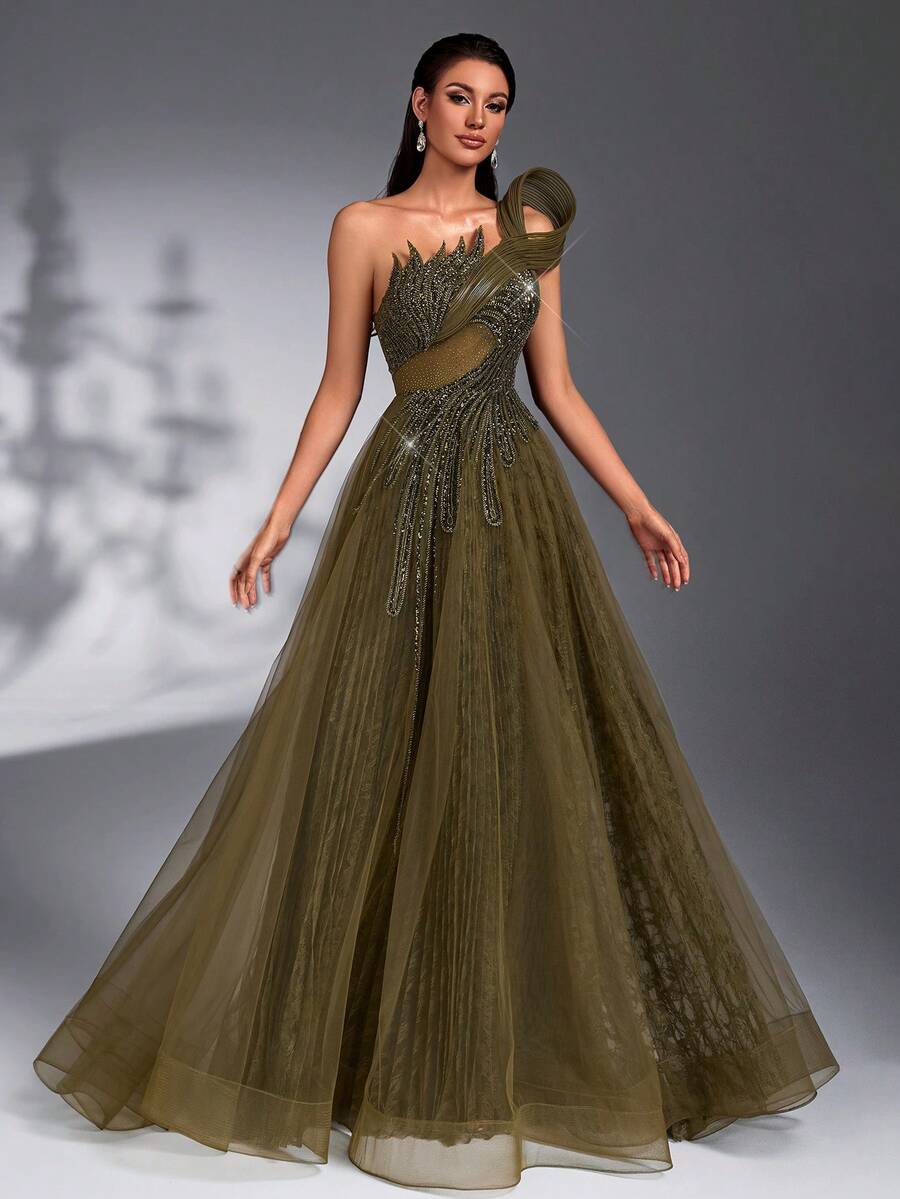SD3266 Beaded Rhinestone Lace & Mesh Maxi Gown
