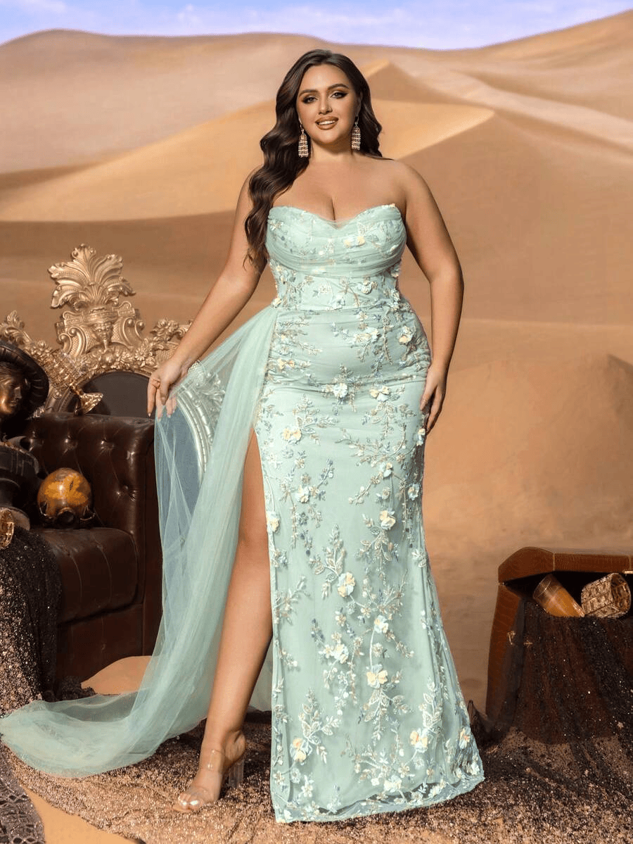 SD3259 Strapless Floral Beaded Gown with Tulle Overlay