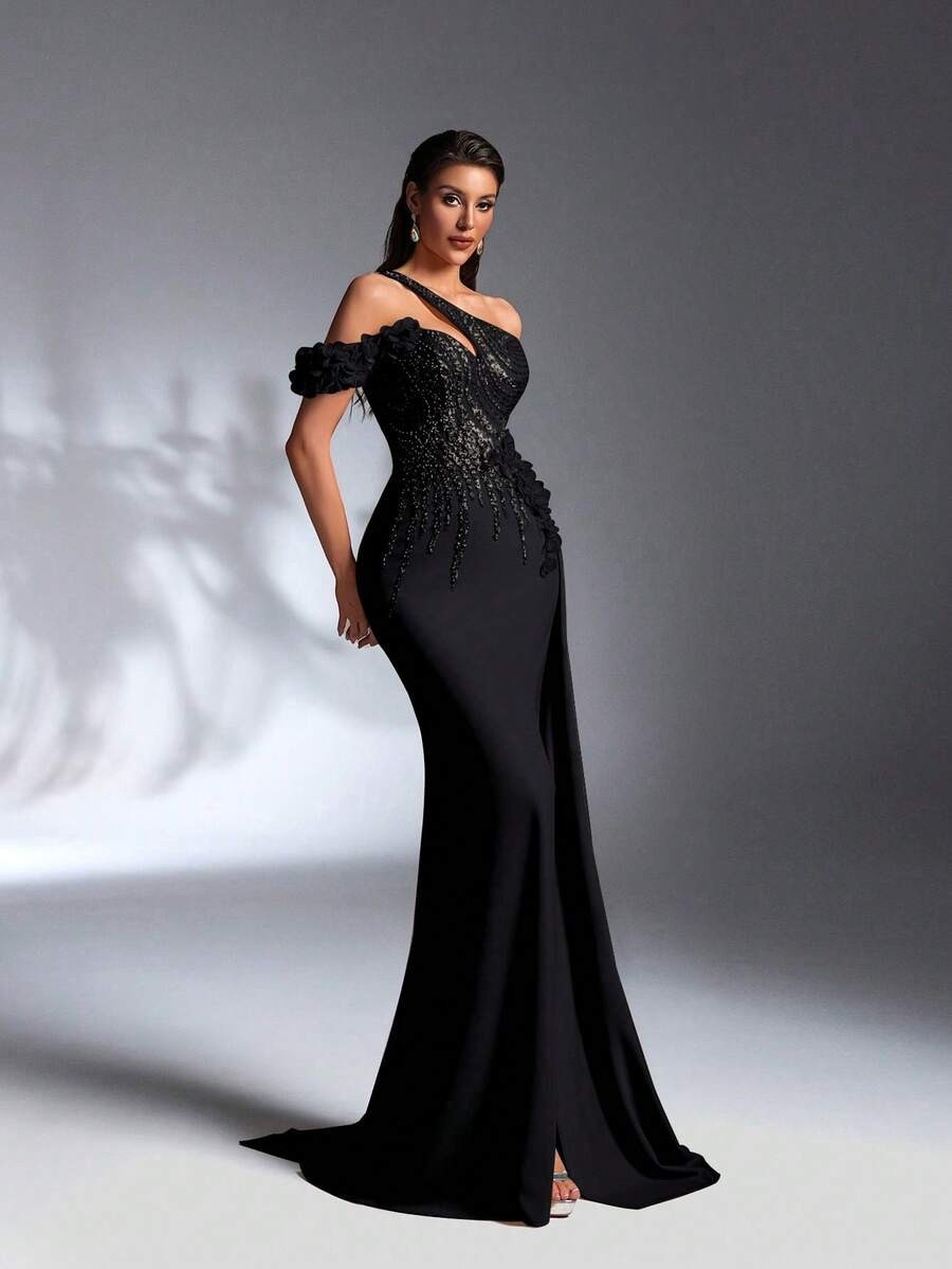 SD3171 Black Asymmetrical 3D Floral Maxi Dress