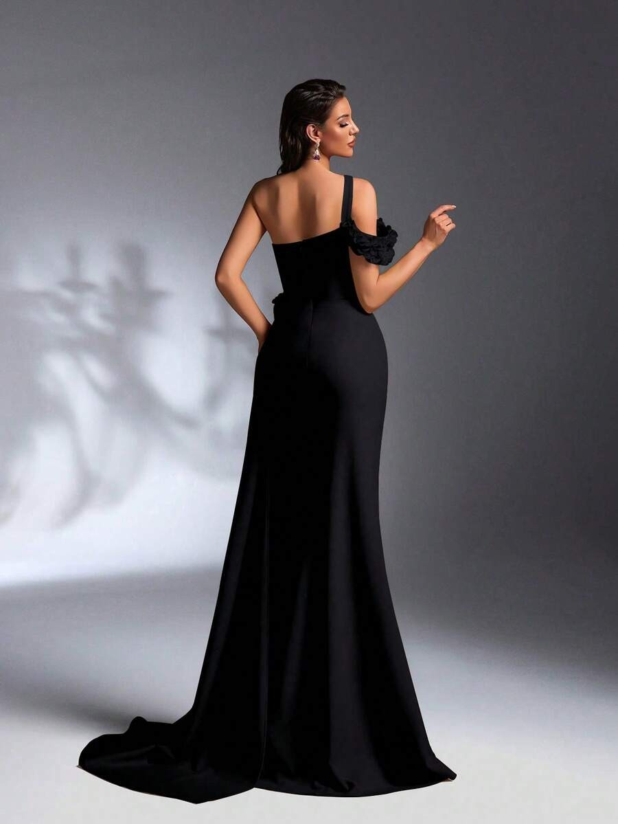 SD3171 Black Asymmetrical 3D Floral Maxi Dress