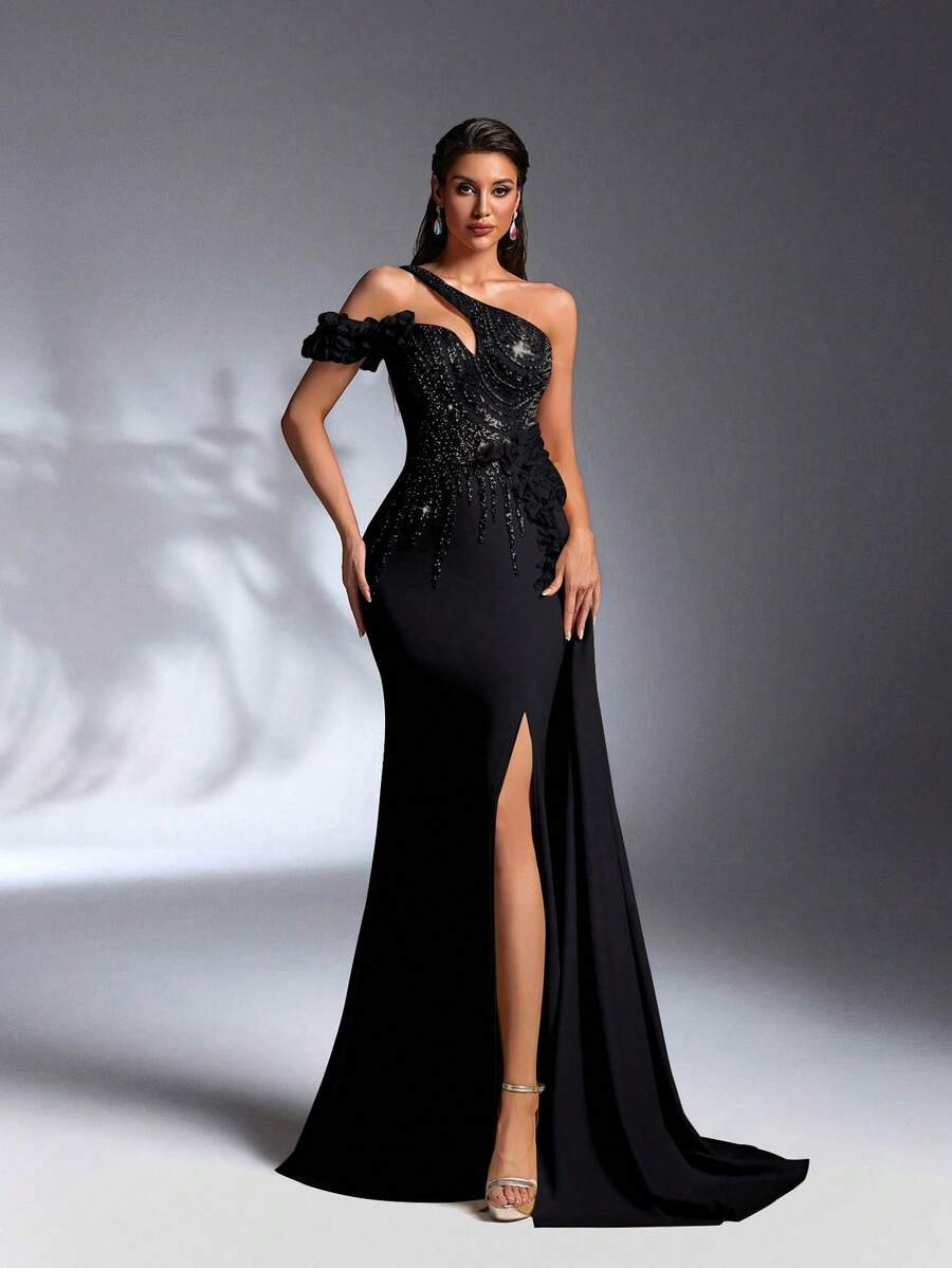 SD3171 Black Asymmetrical 3D Floral Maxi Dress
