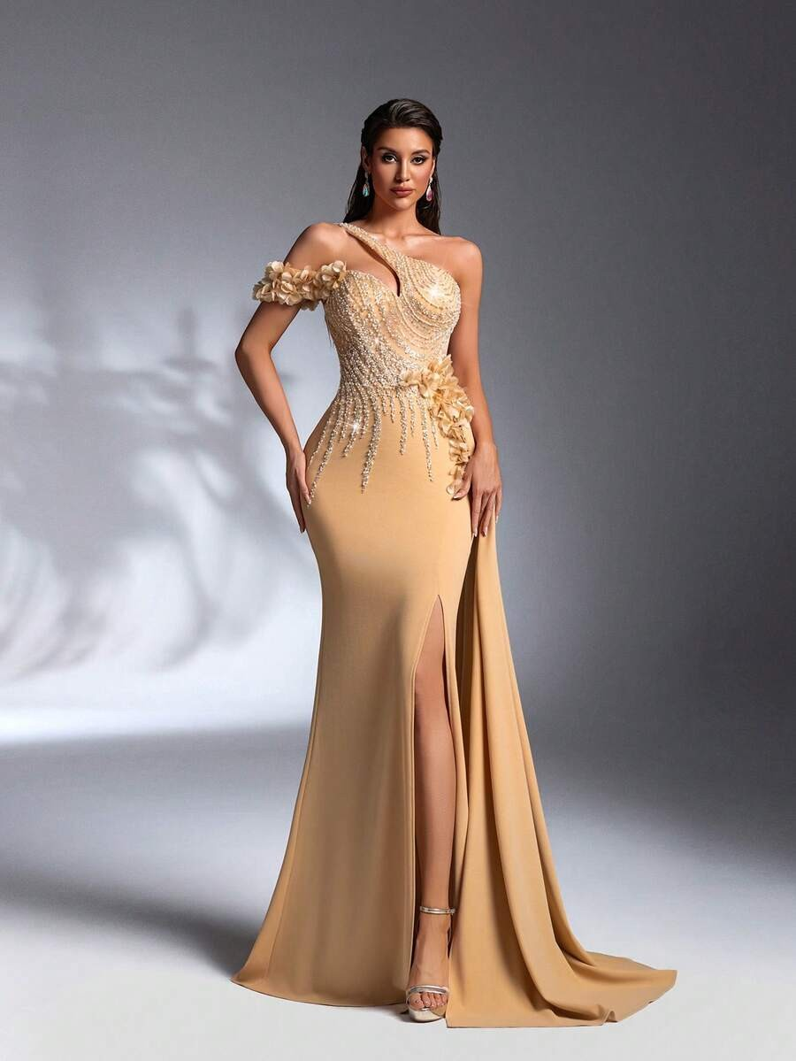 SD3171 Black Asymmetrical 3D Floral Maxi Dress