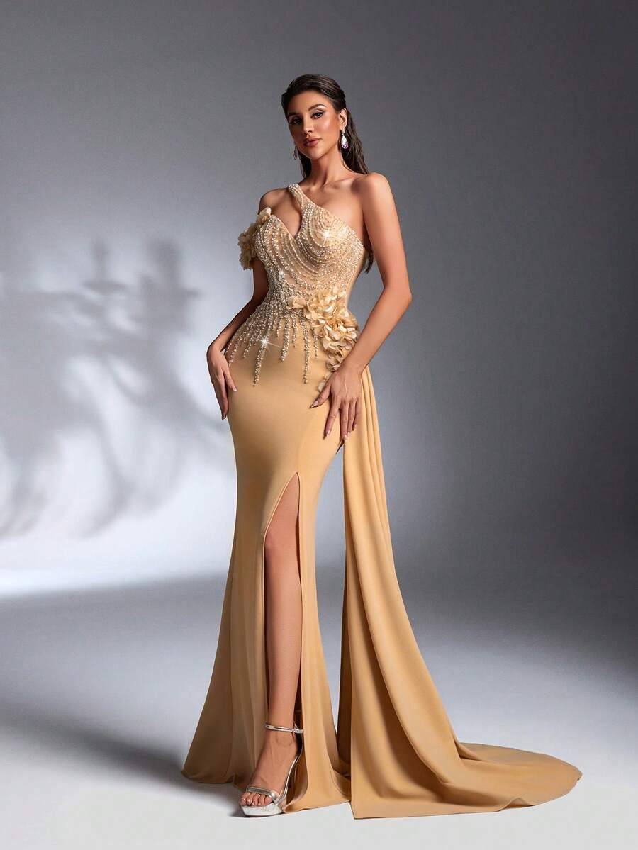 SD3171 Black Asymmetrical 3D Floral Maxi Dress