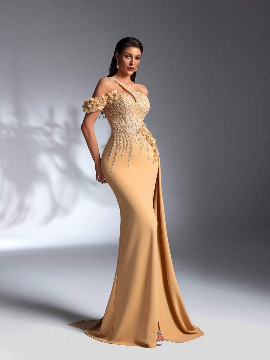 SD3171 Black Asymmetrical 3D Floral Maxi Dress
