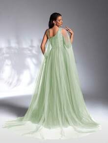 SD3186 Luxe Asymmetrical Beaded Mesh Gown - UK18(XXL), Green image