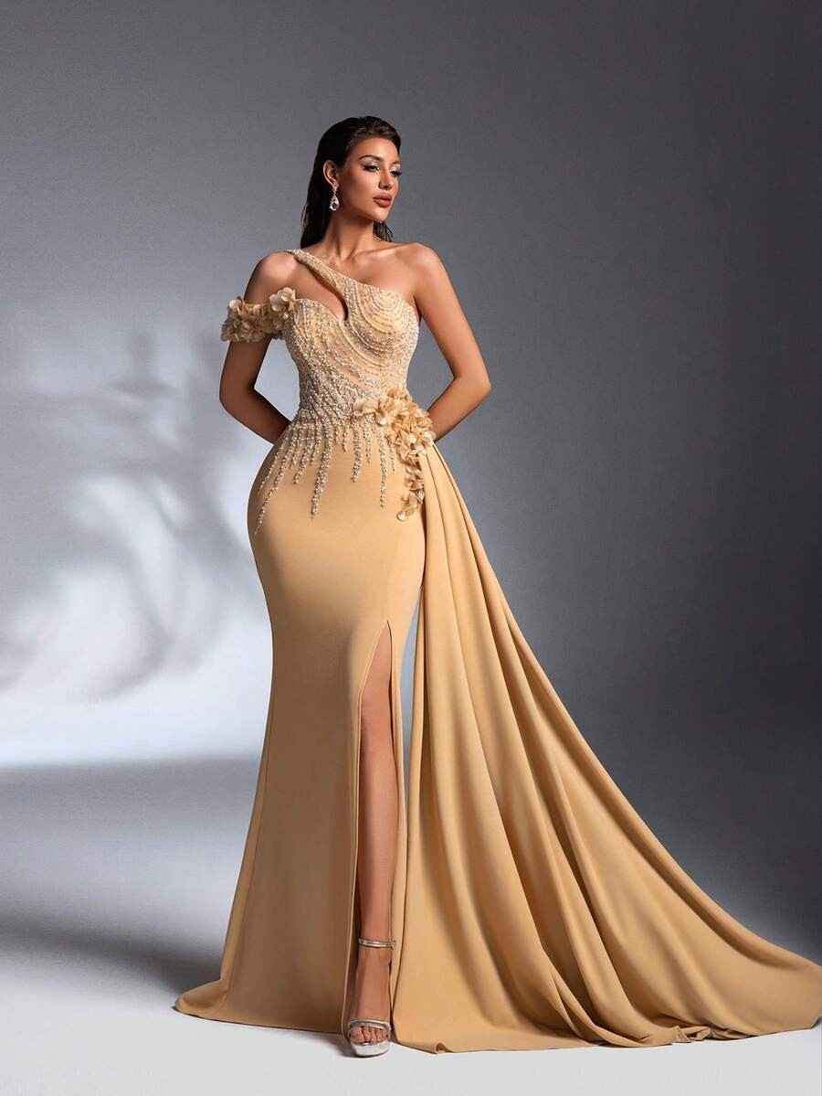 SD3171 Black Asymmetrical 3D Floral Maxi Dress