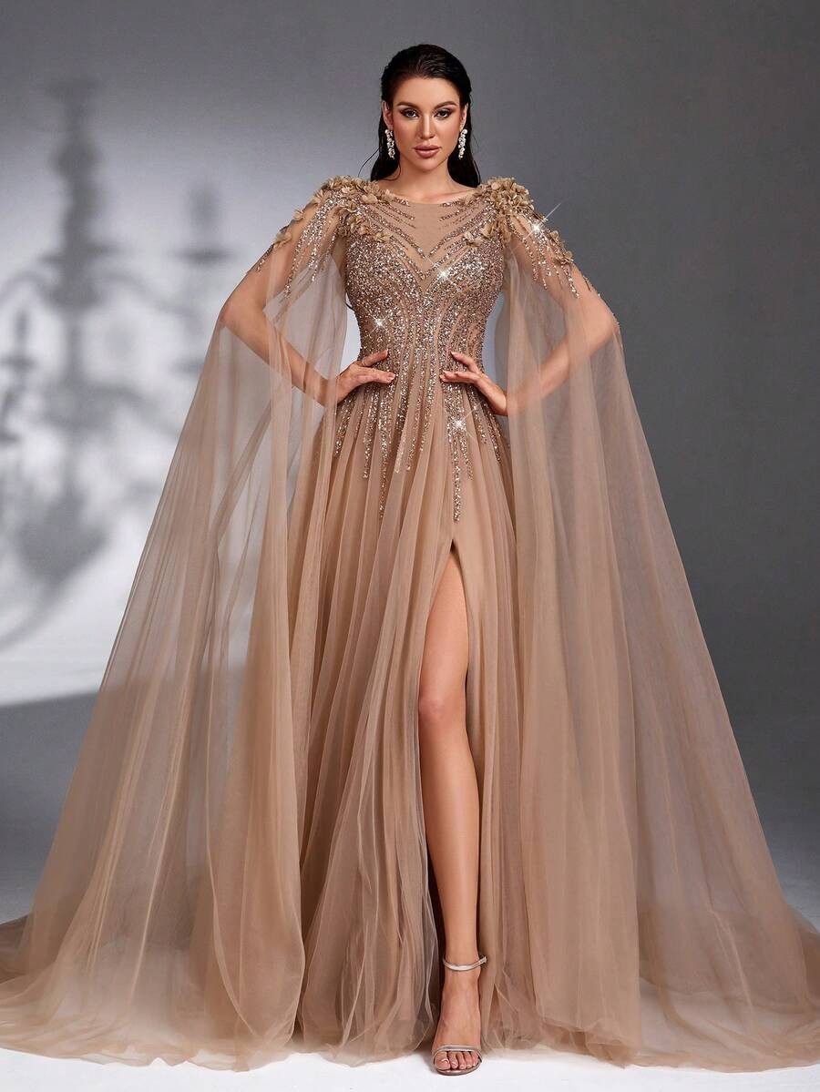 SD3175 Luxe Champagne Tulle Floral Gown