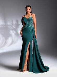SD3187 Luxe Pearl & Rhinestone Side-Ruffle Gown - UK10(m), Green image