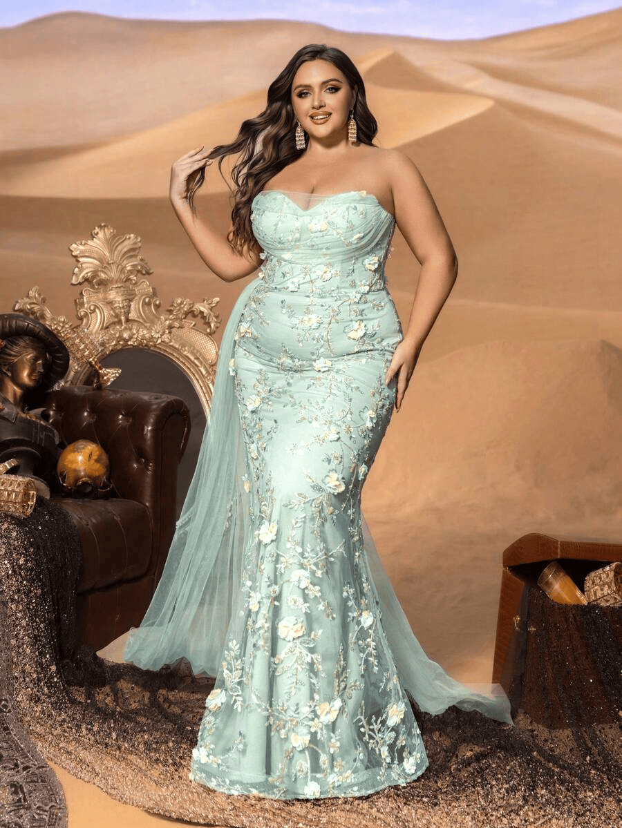 SD3259 Strapless Floral Beaded Gown with Tulle Overlay