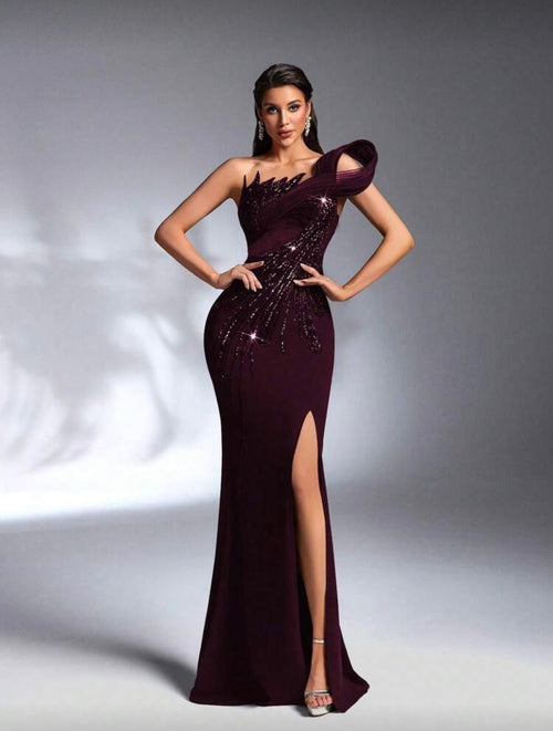 SD 3168 One-Shoulder Sequin Mermaid Evening Gown – Thigh-High Slit image 1