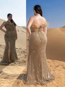 SD3251 Feather Detail Beaded Sequin Mermaid Gown image 6