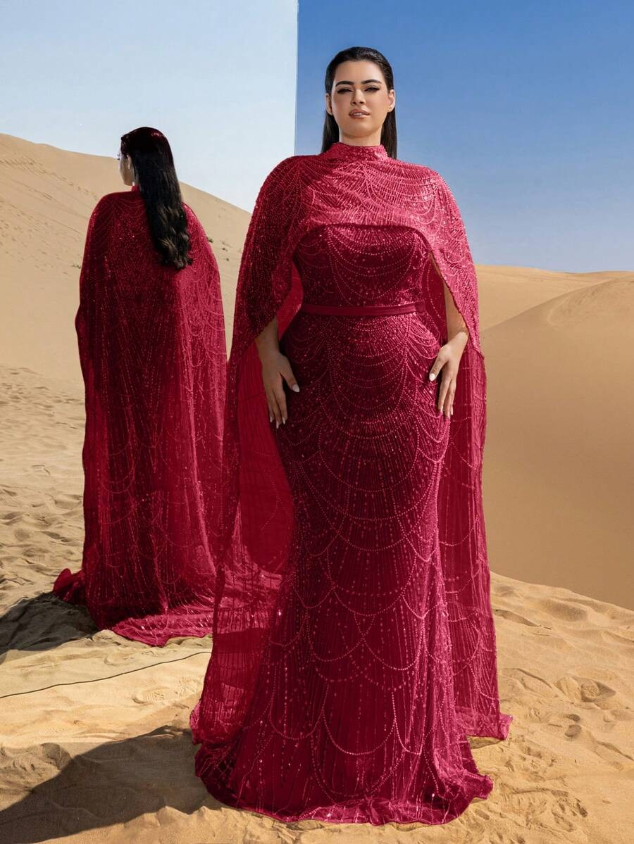 SD3258 Mock Neck Beaded Cape-Sleeve Fishtail Gown