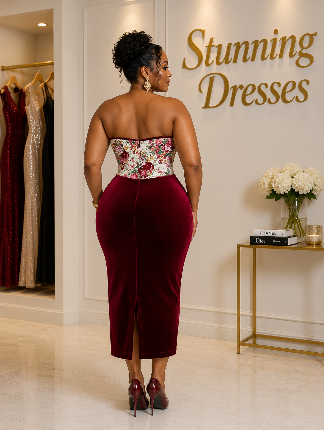 Plus Size Floral Corset Velvet Midi Dress - styling shot