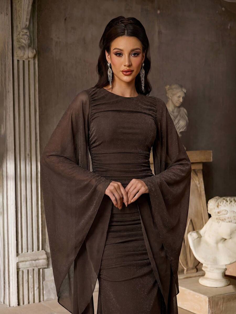 SDE3254 Knitted Satin Cape Sleeve Bodycon Mermaid Dress