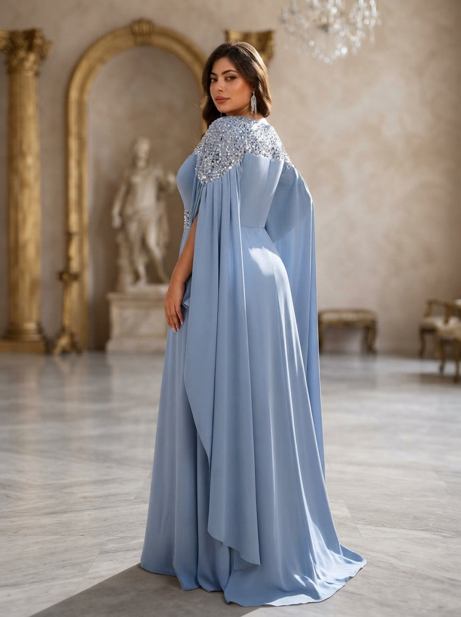 SDE3280 Plus Size Blue Sequin Asymmetrical A-Line Gown