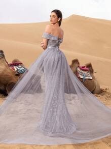 SD3215 Off-Shoulder Tulle Overlay Mermaid Gown image 3