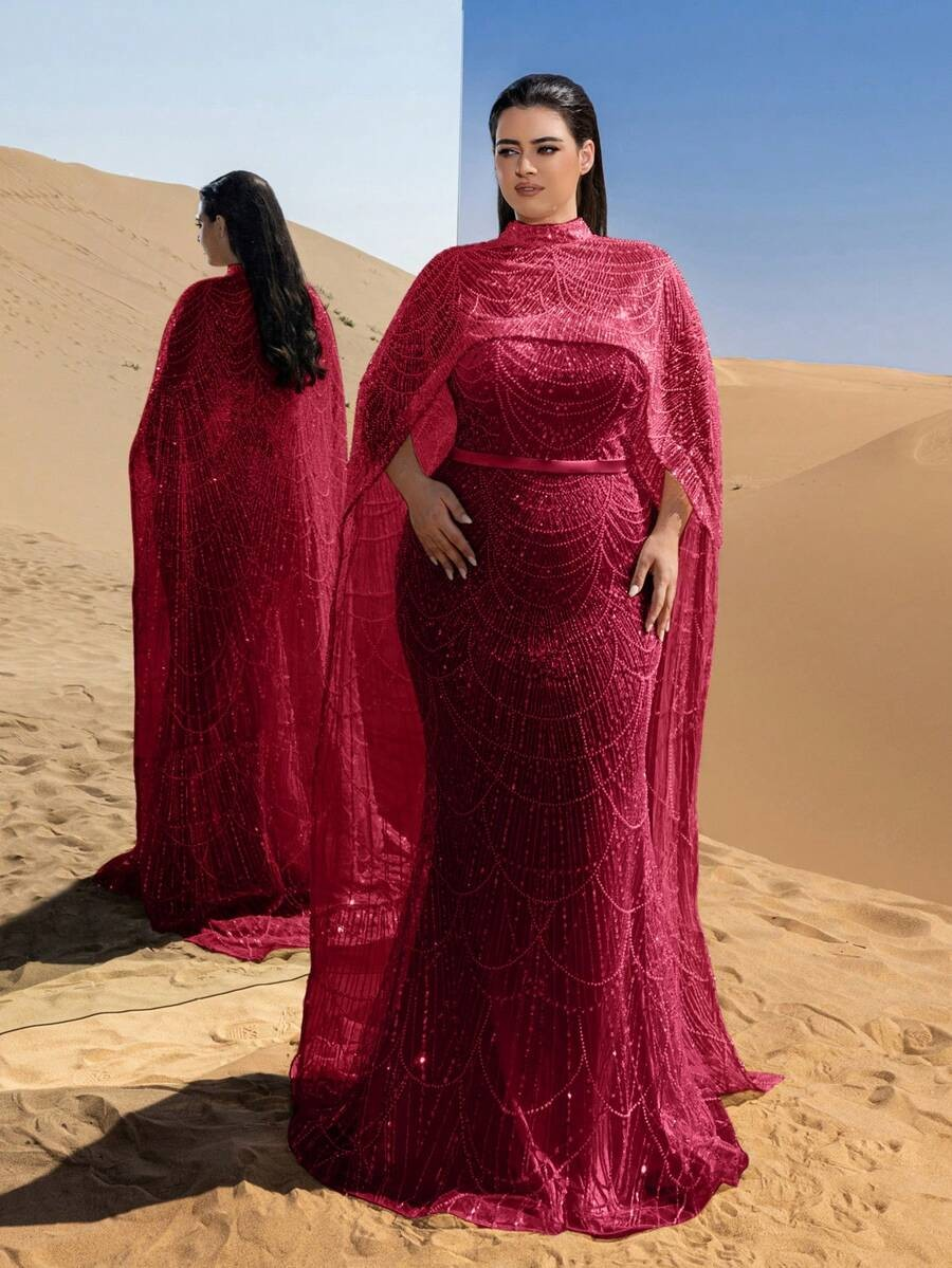 SD3258 Mock Neck Beaded Cape-Sleeve Fishtail Gown