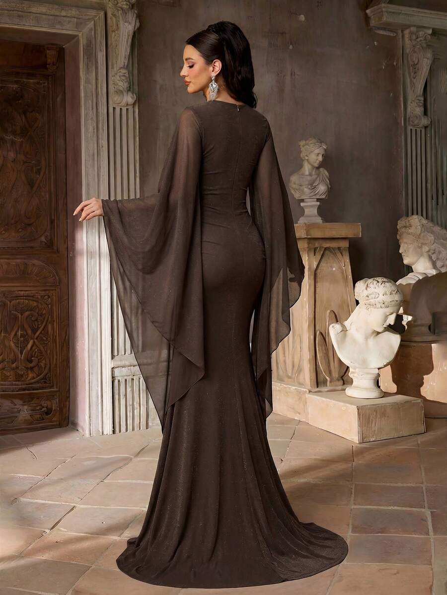 SDE3254 Knitted Satin Cape Sleeve Bodycon Mermaid Dress