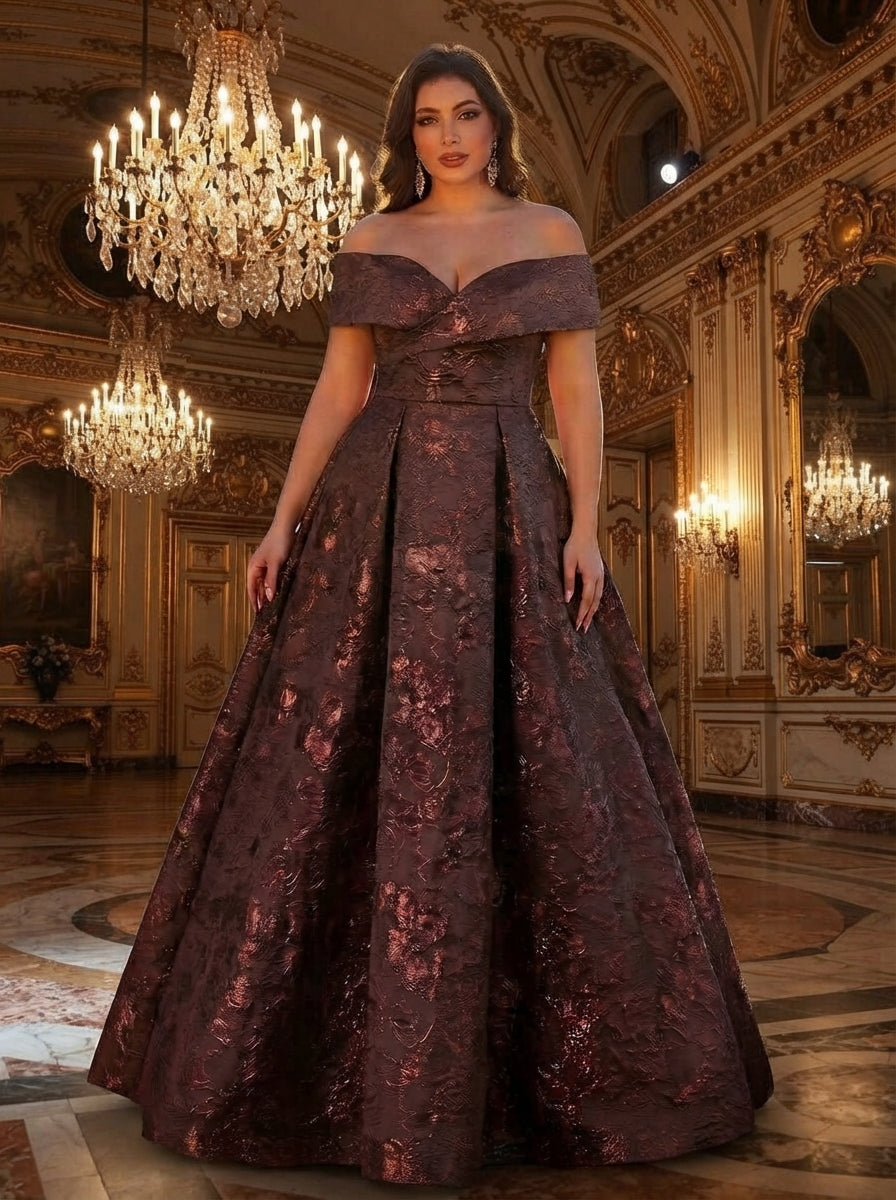SDE3256 Plus Size Burgundy Jacquard Off-Shoulder Ball Gown