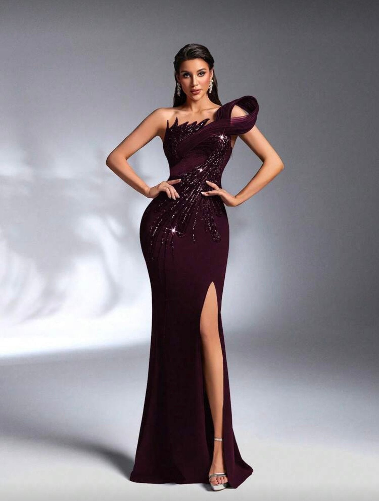 SD 3168 One-Shoulder Sequin Mermaid Evening Gown – Thigh-High Slit - UK10(M), Red Violet image