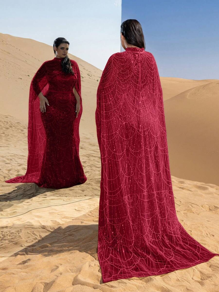 SD3258 Mock Neck Beaded Cape-Sleeve Fishtail Gown