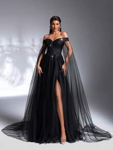 SD3183 Black Off-Shoulder Sequin Flared Gown image 2