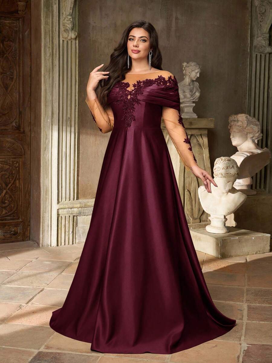 SDE3252 Plus Size Burgundy Lace Applique Off-Shoulder Satin Dress
