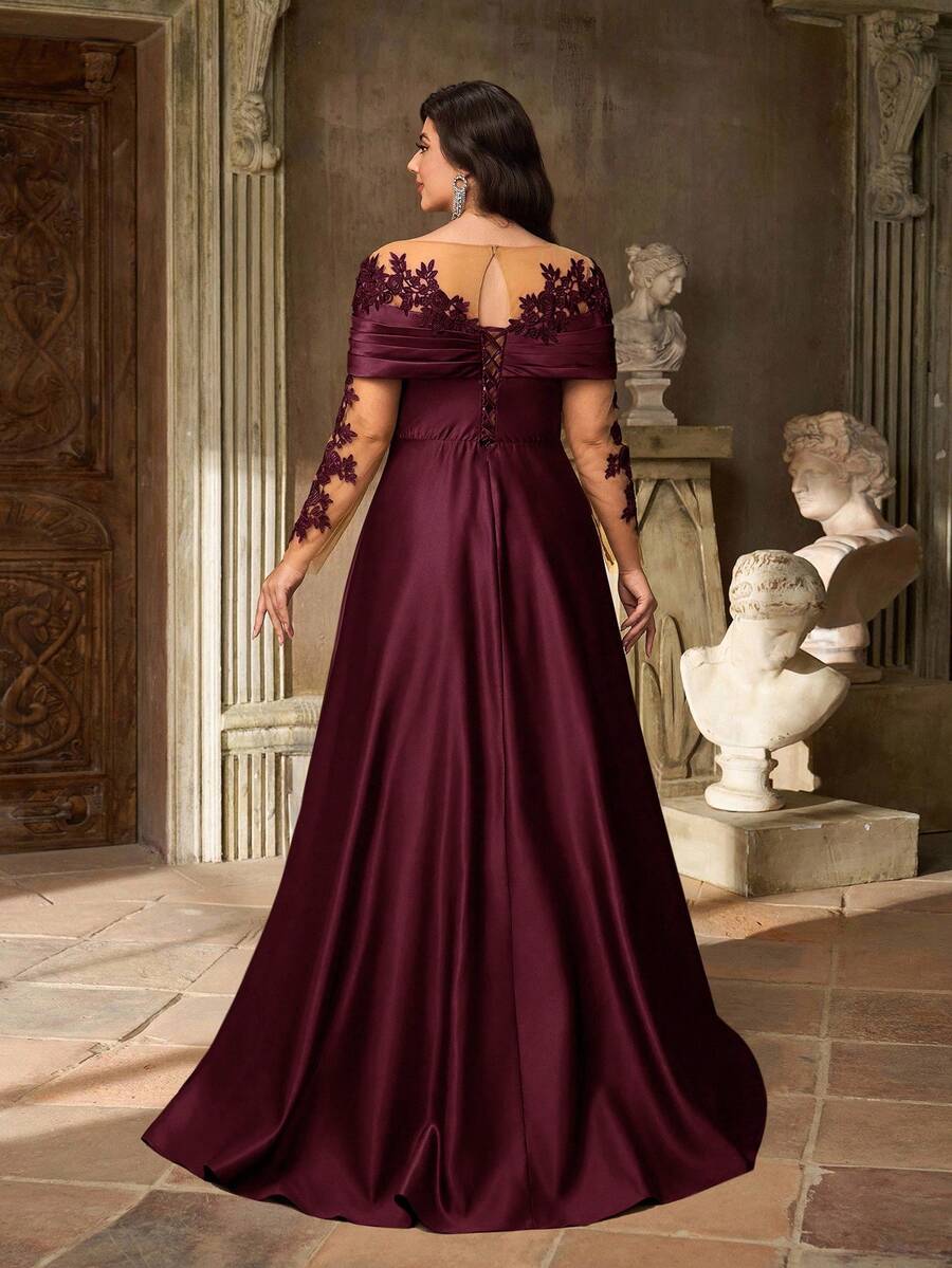 SDE3252 Plus Size Burgundy Lace Applique Off-Shoulder Satin Dress