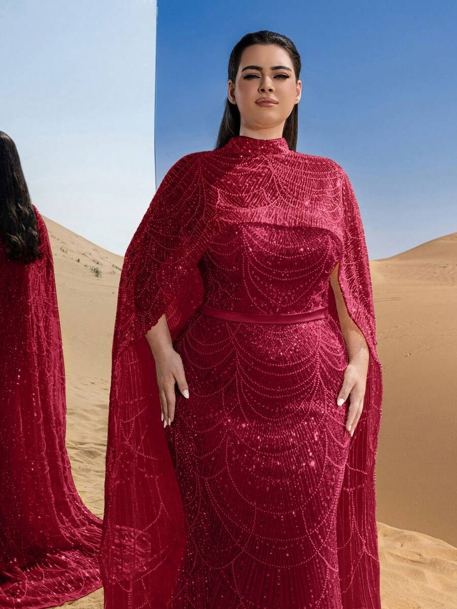 SD3258 Mock Neck Beaded Cape-Sleeve Fishtail Gown