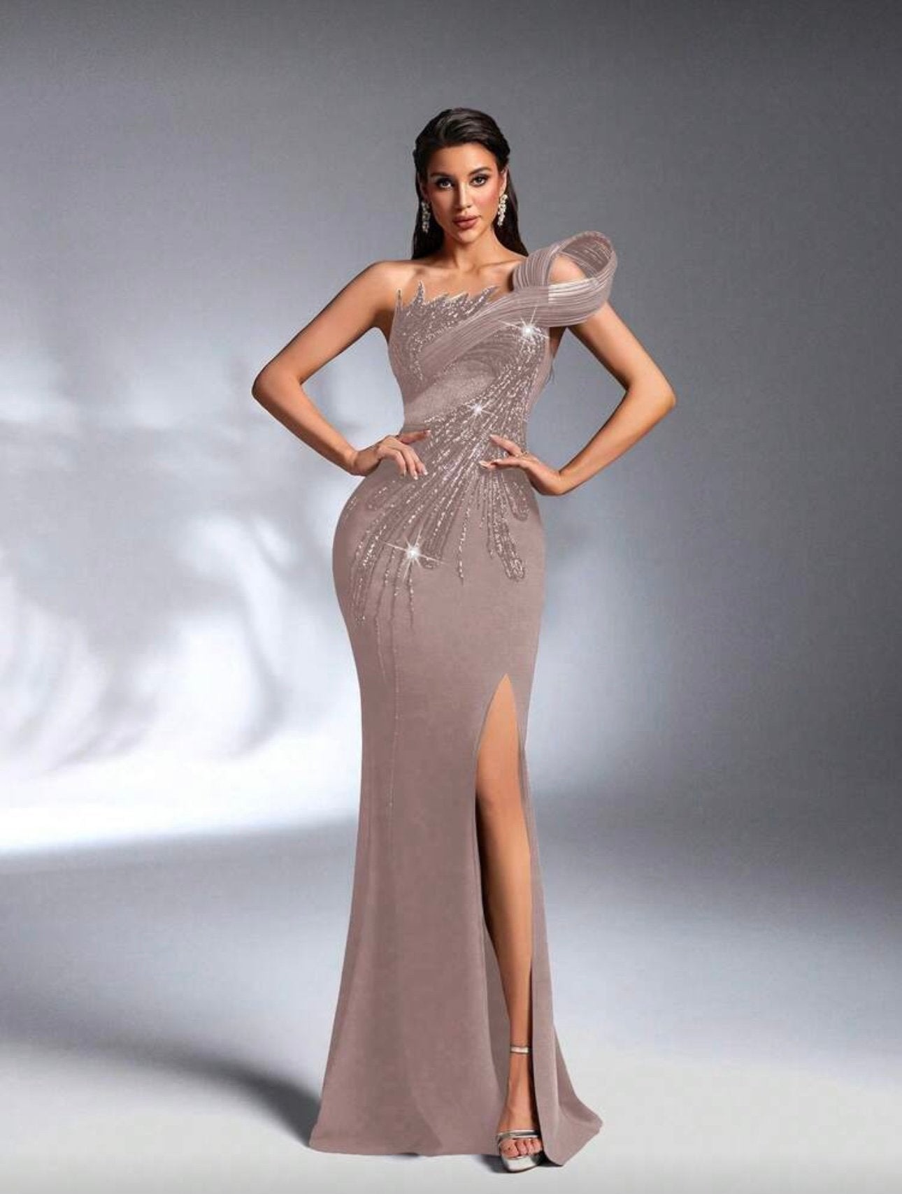 SD 3168 One-Shoulder Sequin Mermaid Evening Gown – Thigh-High Slit image 8