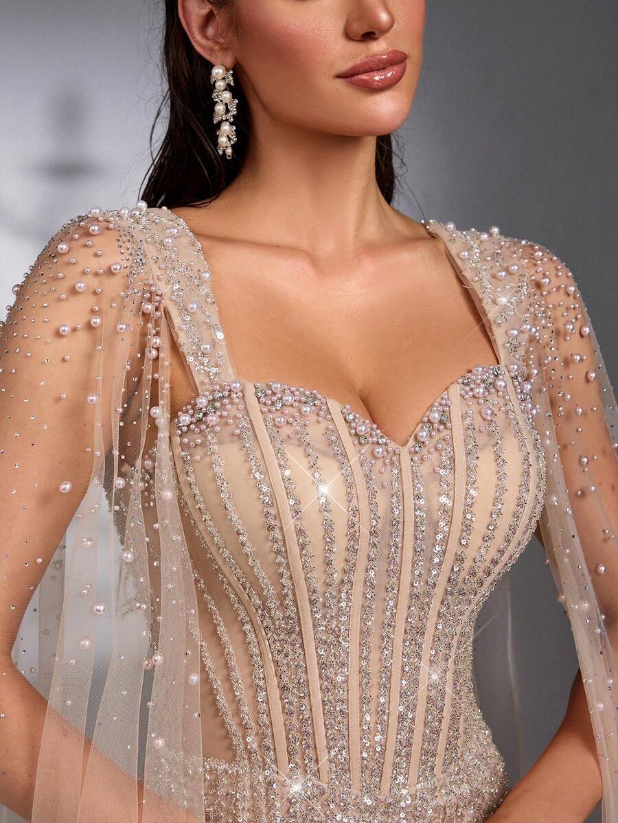 SD3210 Rhinestone Beaded Mermaid Gown - UK16(XL), Apricot image