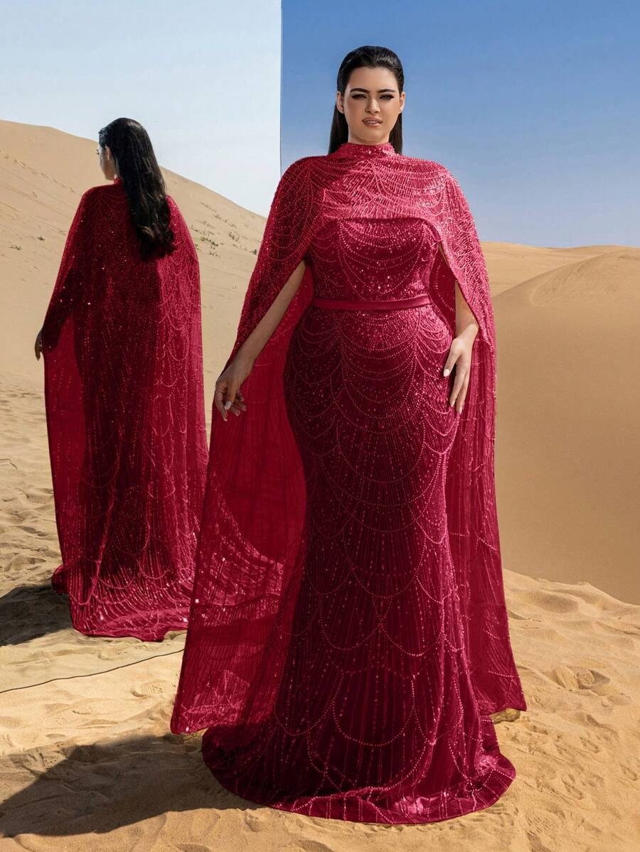 SD3258 Mock Neck Beaded Cape-Sleeve Fishtail Gown