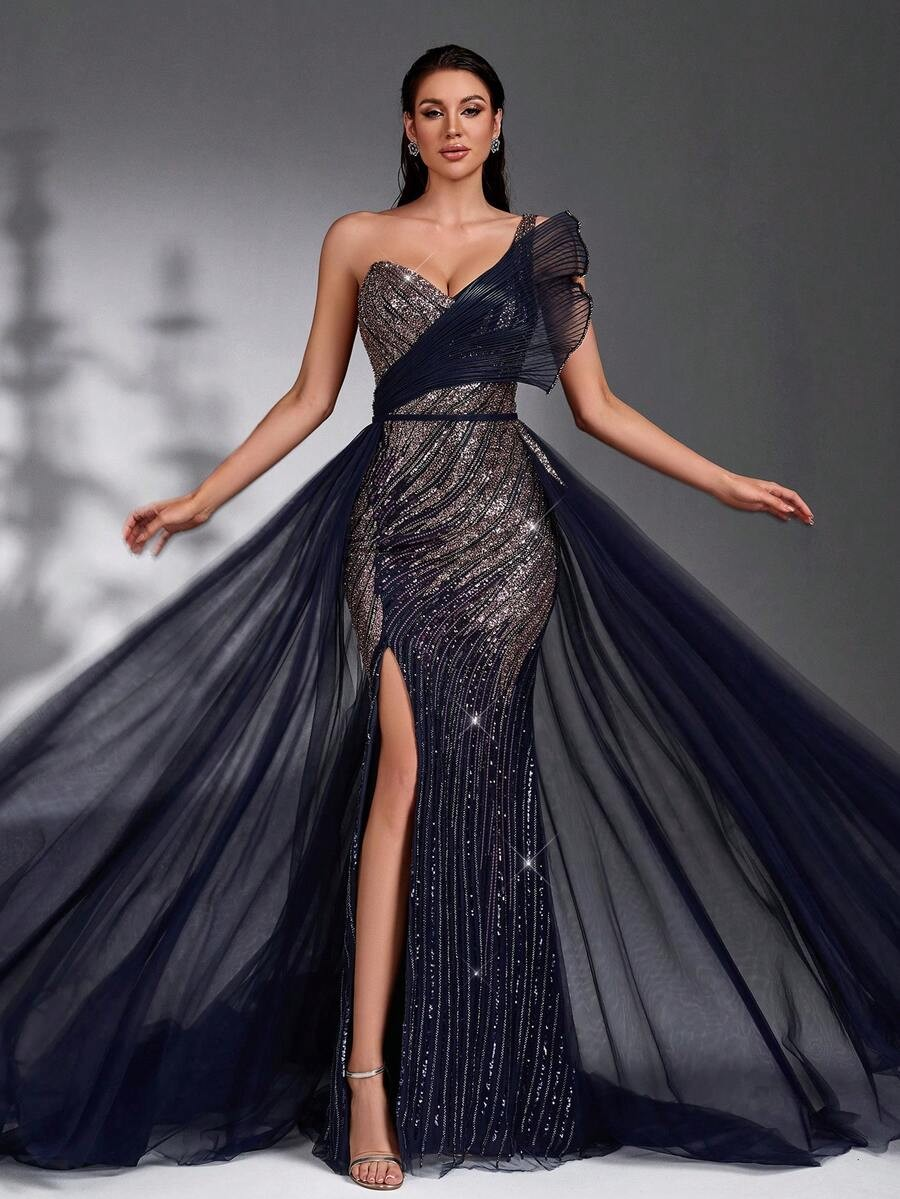 SD3202 Navy Blue One-Shoulder Lace Splice Gown
