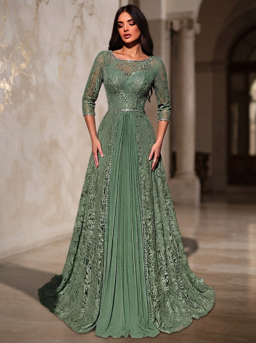 SDE3278 Luxury Lace Patchwork Chiffon Pleated Gown with Rhinestone Details