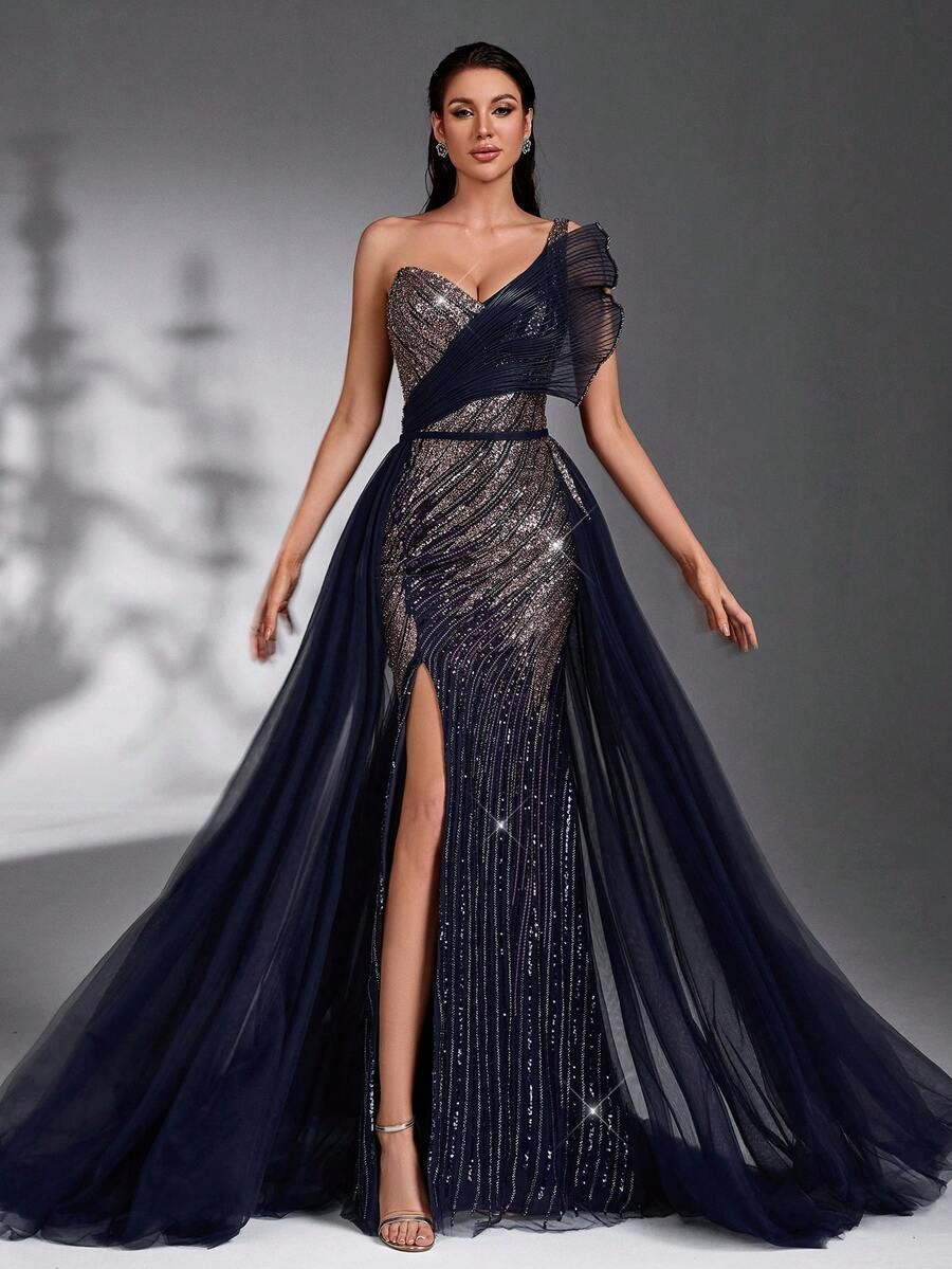 SD3202 Navy Blue One-Shoulder Lace Splice Gown