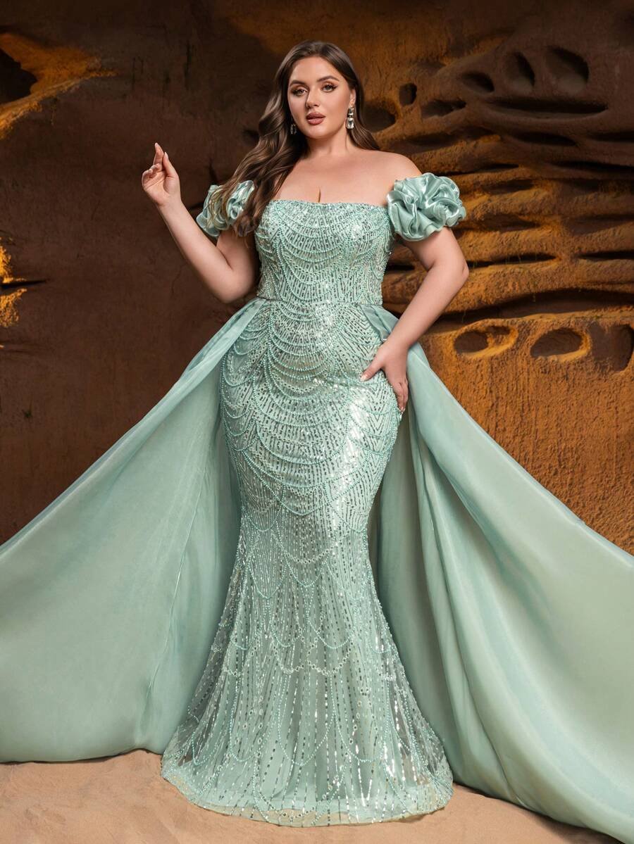 SD3233 Off-Shoulder Plus Floral Ruffle Gown image 0
