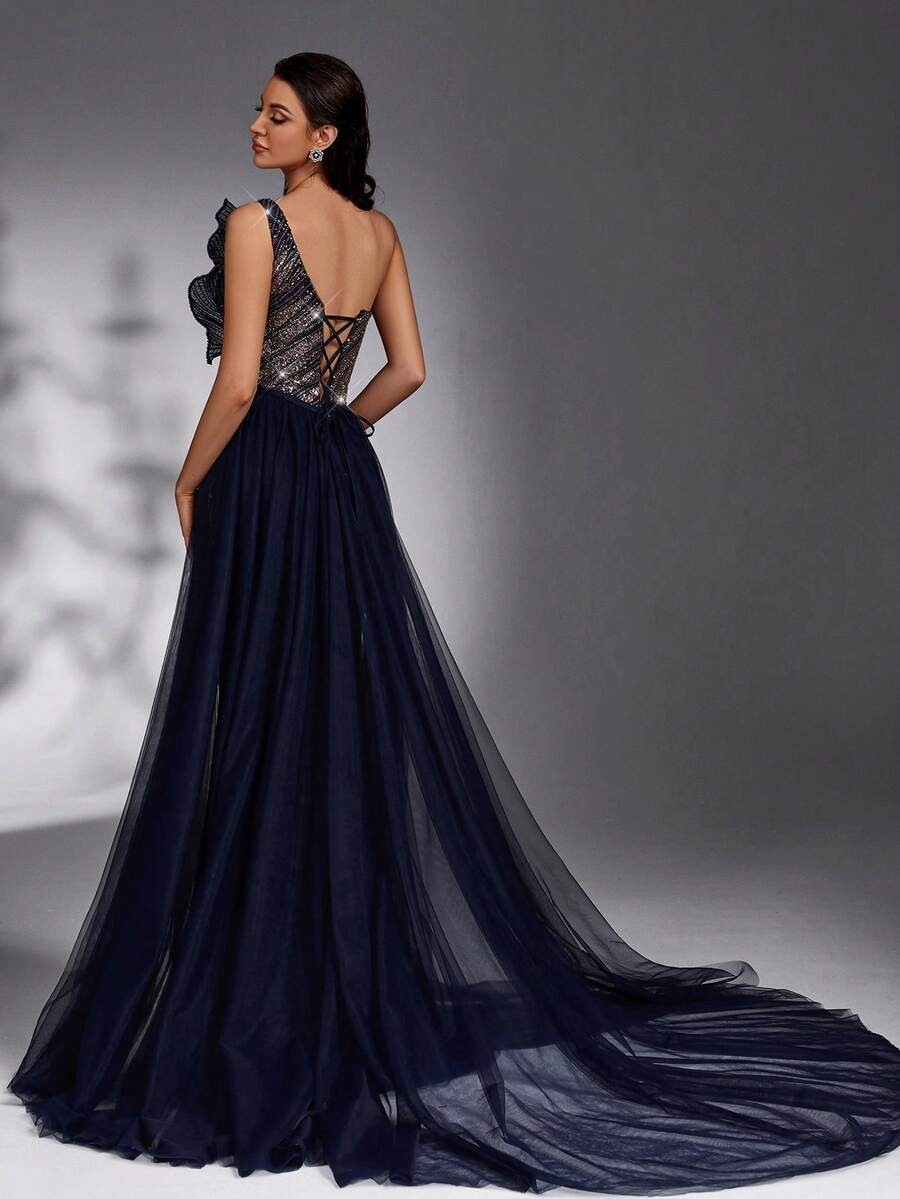 SD3202 Navy Blue One-Shoulder Lace Splice Gown