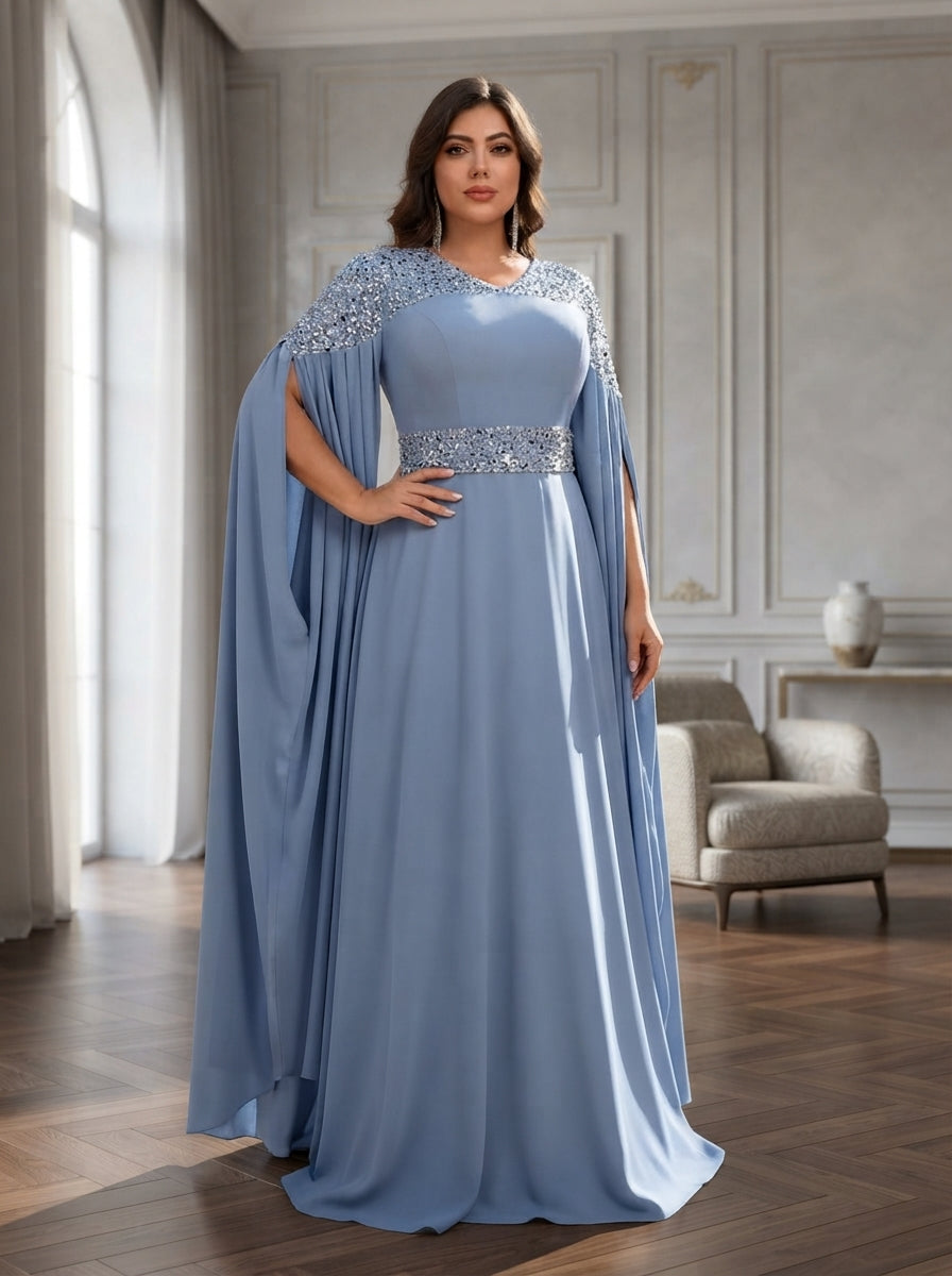 SDE3280 Plus Size Blue Sequin Asymmetrical A-Line Gown