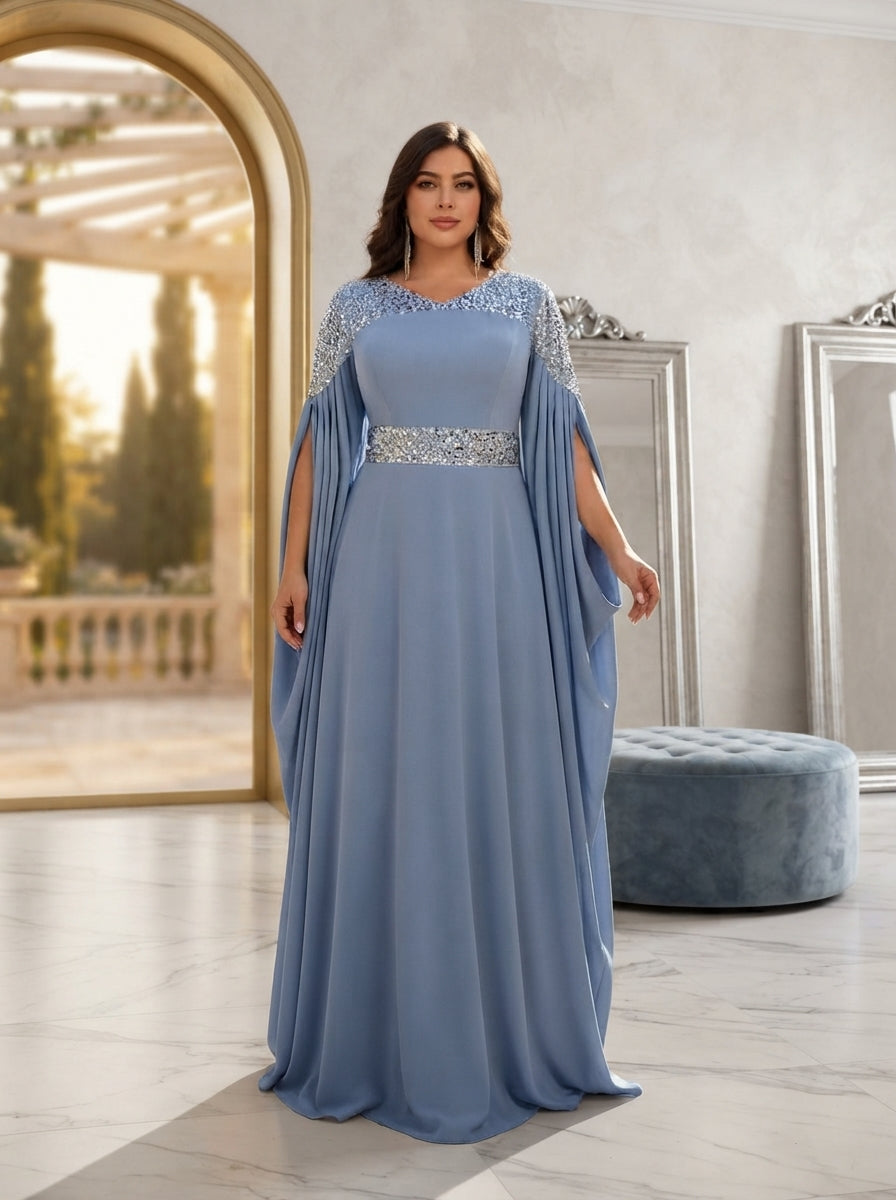 SDE3280 Plus Size Blue Sequin Asymmetrical A-Line Gown