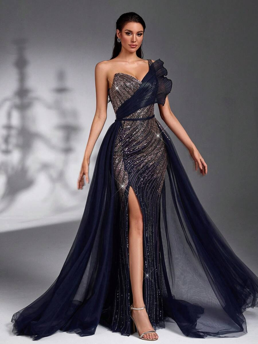 SD3202 Navy Blue One-Shoulder Lace Splice Gown