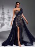 SD3202 Navy Blue One-Shoulder Lace Splice Gown