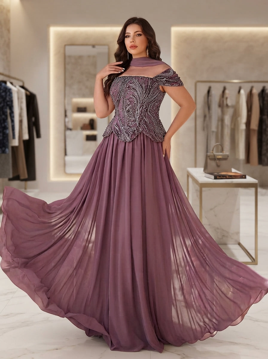 SDE3283 Plus Size Purple Pearl Sequin Floral Gown