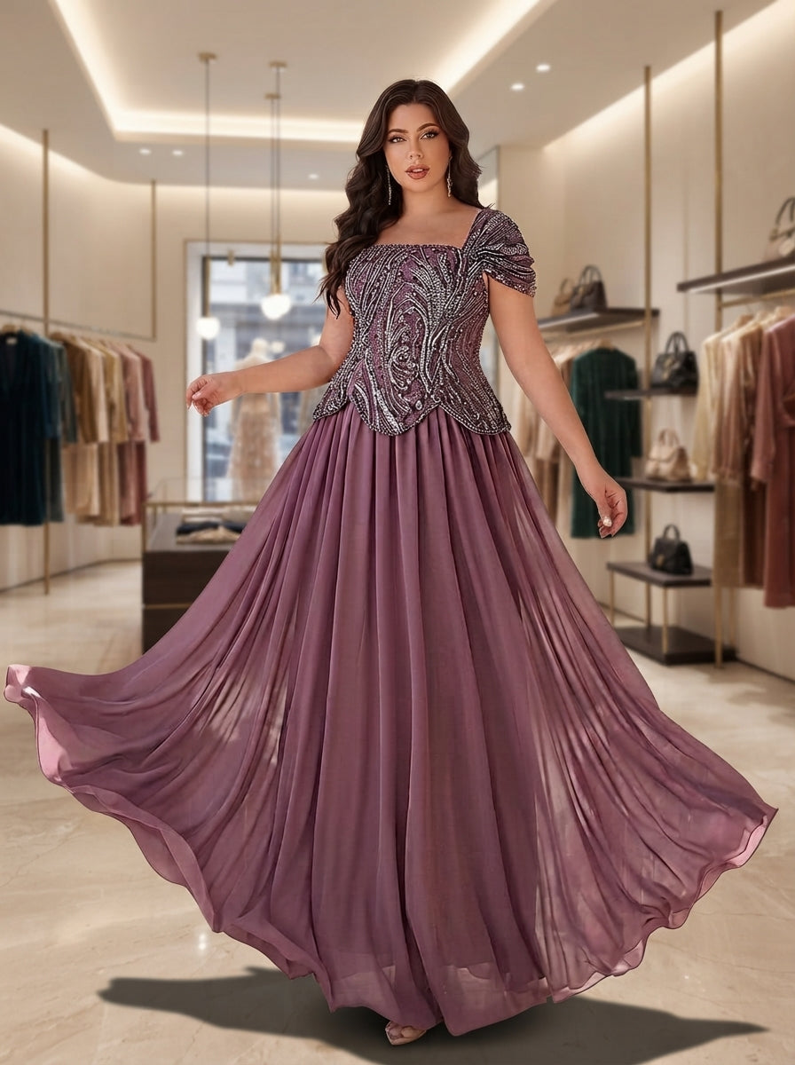 SDE3283 Plus Size Purple Pearl Sequin Floral Gown