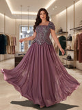 SDE3283 Plus Size Purple Pearl Sequin Floral Gown