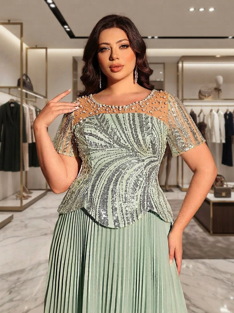 SDE3282 Plus Size Sage Green Sequin & Rhinestone Chiffon Flared Gown