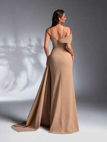 SD3265 Rhinestone Strap Pearl & Sequin High Slit Gown - Apricot, UK16 image