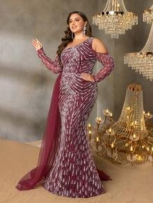 SD3255 One-Shoulder Striped Sequin Mermaid Gown - UK22 (3XL), Burgundy image