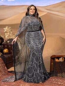 SD3258 Mock Neck Beaded Cape-Sleeve Fishtail Gown - UK26 (5XL), Black and White image