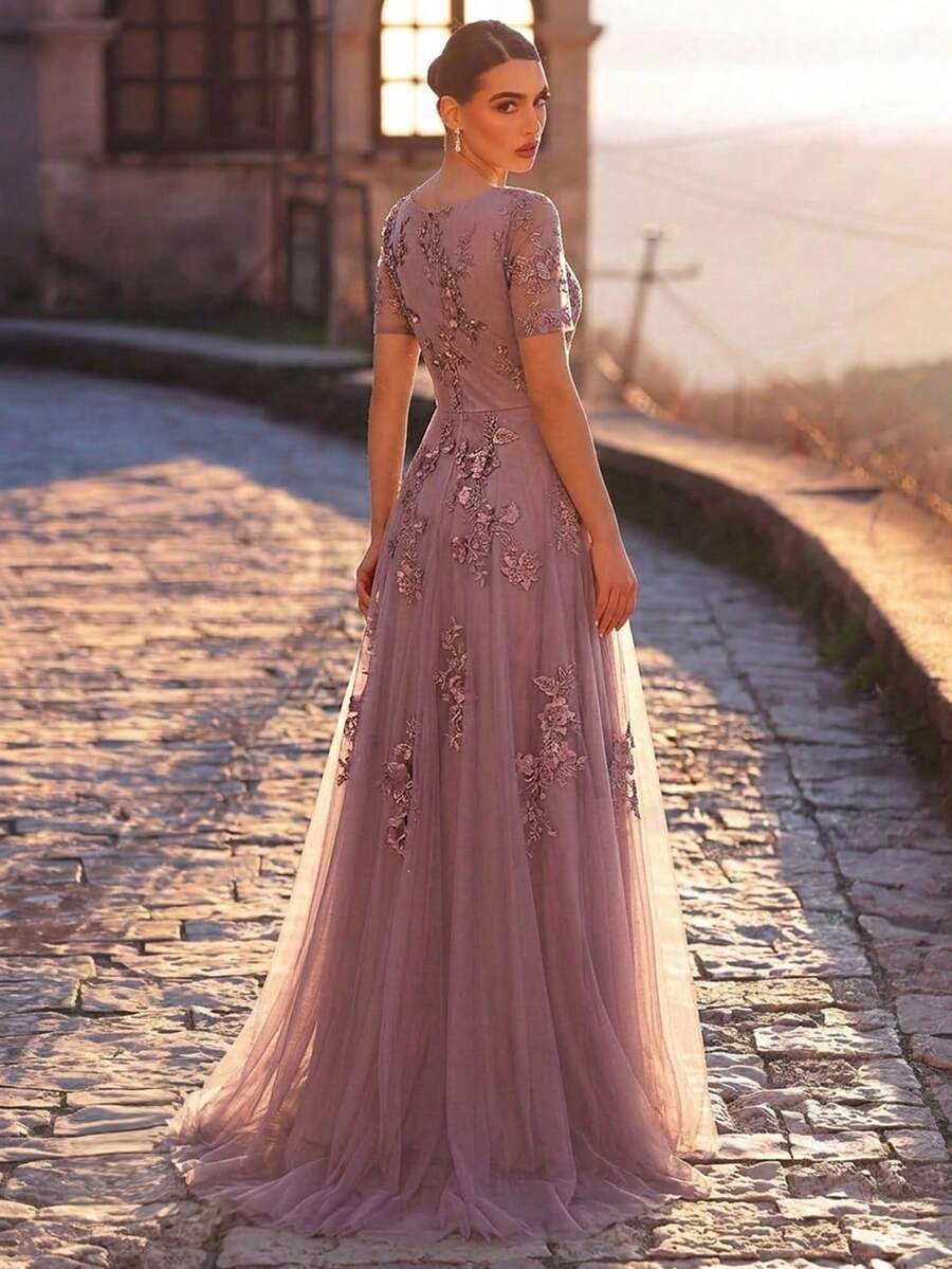 SDE3255 Elegant Pearl Beaded Lace Mesh Flared Sleeve Dress