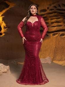 SD3245 One-Shoulder Fish-Scale Sequin Gown - UK22 (3XL), Burgundy image